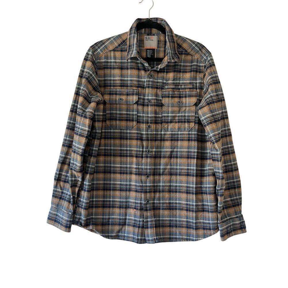 5.11Tactical Mens Large Button Up Long Sleeve Shirt Blue And Brown Plaid Medium